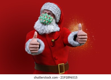 Santa Claus Wearing A Christmas Facemask With His Hands Out In Front Of Him In Ok Pose.D Illustration 3D Rendering