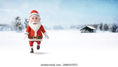 Santa Clause Dancing And Having Fun. Snowy Day. Christmas, Noel And New Year Related 3D Illustration Render.