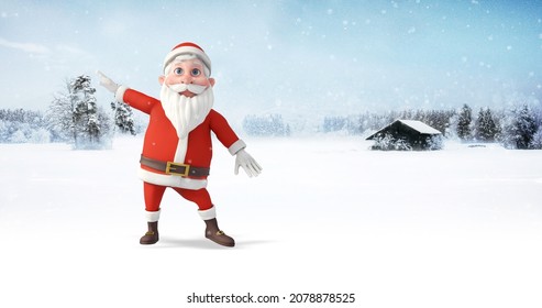 Santa Clause Dancing At The North Pole. Snowy Day. Christmas, Noel And New Year Related 3D Illustration Render.