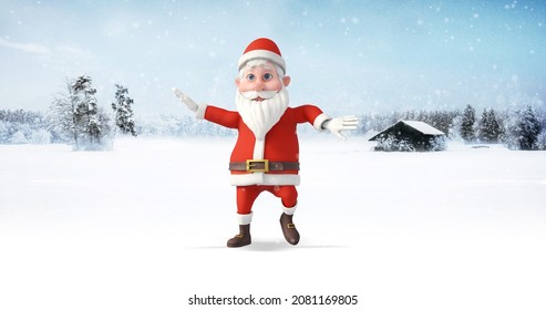Santa Clause Dancing At The North Pole. Snowy Day. Christmas, Noel And New Year Related 3D Illustration Render.