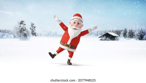 Santa Clause Dancing On A Snowy Winter Day. Christmas, Noel And New Year Related 3D Illustration Render.