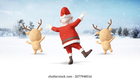 Santa Clause And His Reindeers Dancing And Having Fun. Snowy Day. Christmas, Noel And New Year Related 3D Illustration Render.