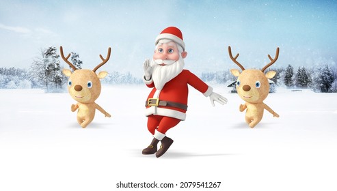 Santa Clause And His Reindeers Dancing At The North Pole. Snowy Day. Christmas, Noel And New Year Related 3D Illustration Render.