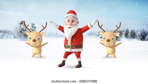 Santa Clause And His Reindeers Dancing On A Snowy Winter Day. Christmas, Noel And New Year Related 3D Illustration Render.