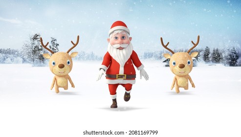 Santa Clause And His Reindeers Dancing And Having Fun. Snowy Day. Christmas, Noel And New Year Related 3D Illustration Render.