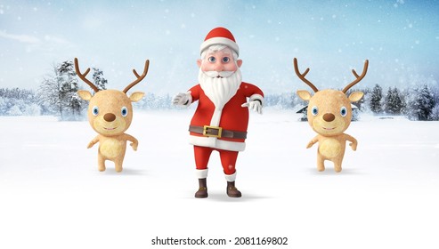 Santa Clause And His Reindeers Dancing At The North Pole. Snowy Day. Christmas, Noel And New Year Related 3D Illustration Render.