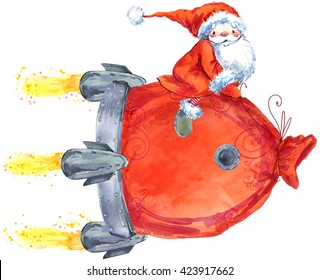 Santa Clause. New Year Greeting Card. Christmas watercolor background. 