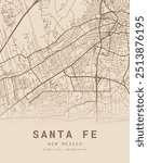 Santa Fe City Map Art with coordinates, New Mexico