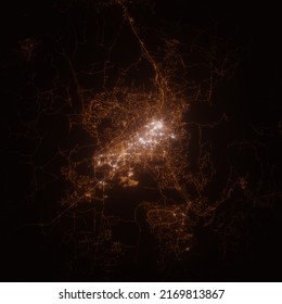 Santa Fe (New Mexico, USA) Street Lights Map. Satellite View On Modern City At Night. Imitation Of Aerial View On Roads Network. 3d Render, High Resolution