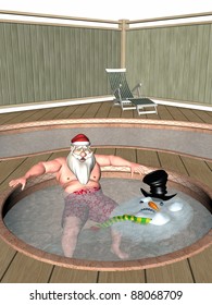 Santa And Frosty Relaxing In A Hot Tub.  Oops Frosty Melted.  Bah Humbug Series