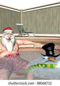 Santa And Frosty Relaxing In A Hot Tub.  Oops Frosty Melted.  Bah Humbug Series