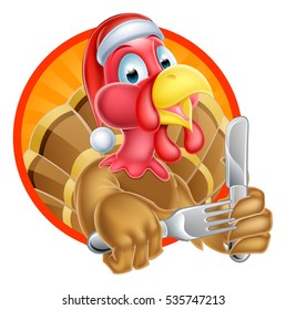 A Santa Hat Cartoon Christmas Turkey Holding A Knife And Fork