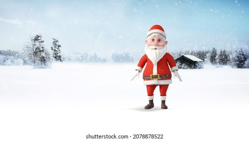 Santa Having Fun And Dancing On A Snowy Day. Christmas, Noel And New Year Related 3D Illustration Render.