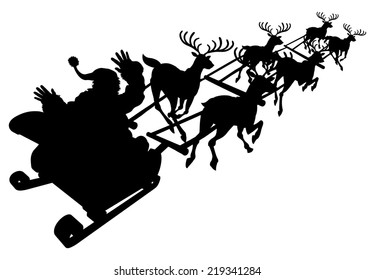 Santa In His Christmas Sled Or Sleigh In Silhouette