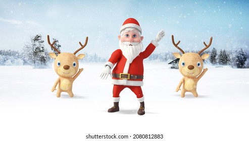 Santa And His Funny Reindeer Friends Dancing At The North Pole. Snowy Day. Christmas, Noel And New Year Related 3D Illustration Render.