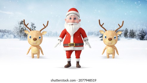 Santa And His Reindeers Having Fun And Dancing On A Snowy Day. Christmas, Noel And New Year Related 3D Illustration Render.