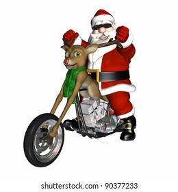 Santa Looking Cool With A Bit Of An Attitude On His Reindeer Concept Chopper.  Antler Handlebars, Red Nose Headlight, And Engine Made Of Chrome And Presents.