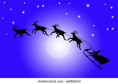 Santa On His Sleigh With Reindeer In Silhouette Over The Moon