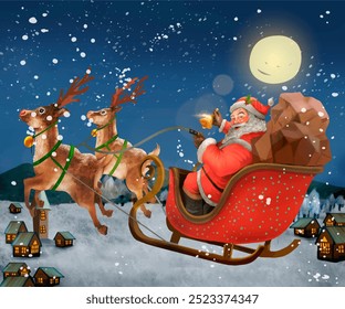 Santa on sleigh, Christmas drawing, Cute Santa Claus on sleigh with reindeers in the night snowy background, Cute illustration for Christmas - Powered by Shutterstock