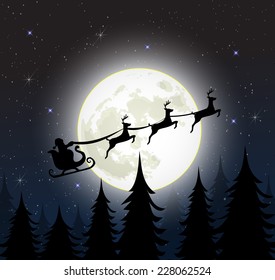 Santa On A Sleigh With Reindeers Over The Full Moon