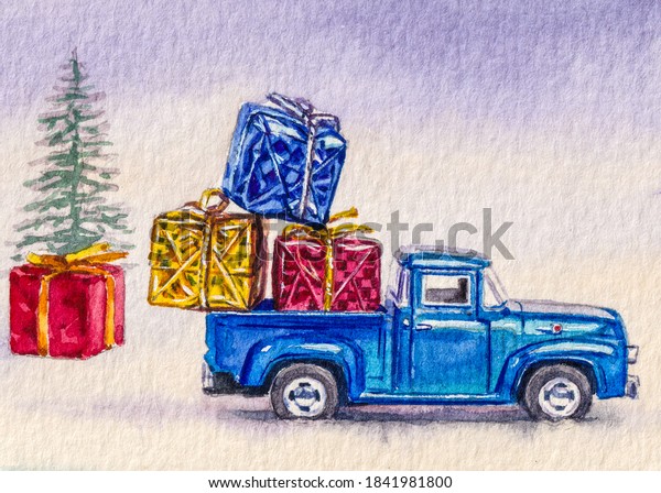 Santa\
pickup truck loaded with presents in box. Christmas fir trees on\
the white snow background. Watercolor painting.\
