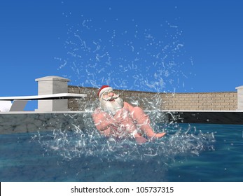 Santa Pool: Santa Claus Landing In A Pool To Complete His Cannonball Dive.