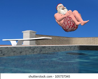 Santa Pool: Santa Claus In Mid Air Doing A Cannonball Dive.