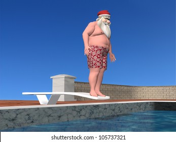 Santa Pool: Santa Claus Standing On A Diving Board Over A Pool Ready To Do A Cannonball Dive.