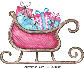 Santa sleigh with gifts isolated on white. Colorful sleigh and piles of presents. Boxing day, shopping concept. Christmas card, design for online shop, web site. Watercolor pink and blue illustration. - Powered by Shutterstock