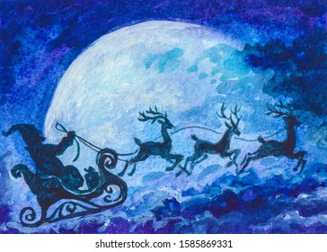 Santa Sleigh With Reindeer Team. Christmas Night. Watercolor Painting.