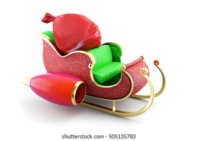 Santa Sleigh And Santa's Sack With Gifts On White Background 3D Illustration