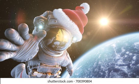 Santa in space, 3d render. Earth textures are taken from NASA