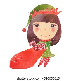 Santa's Elf With A Bag Of Candy, Watercolor Illustration  On White Background