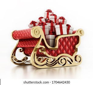 Santa's Sleigh Loaded With Giftboxes Isolated On White Background. 3D Illustration.