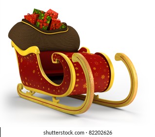 Santa's Sleigh Loaded With Presents On White Background - High Quality 3d Illustration