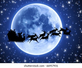 Santa's sleigh and reindeer silhouette with full moon and stars - Powered by Shutterstock