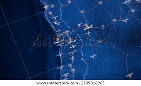 Santiago map big data visualization. Futuristic map infographic of city in Chile. Visual map data complexity in modern blue and orange colors. 3D Illustration