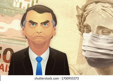 Santo André/São Paulo/Brazil - April 10, 2020: Brazilian president, Jair Bolsonaro, in front of a BRL banknote with it’s face wearing a mask. Concept for an economic impact of the coronavirus pandemic