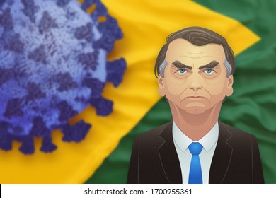 Santo André/São Paulo/Brazil - April 11, 2020 - President Jair Bolsonaro. The brazilian flag behind him has a blue conronavirus over that. Covid-19 situation in Brazil related concepts.
