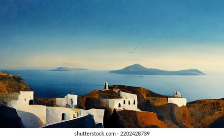 Santorini Greece Mountain Sea White Houses Sky