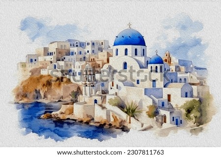 Santorini island, Greece. Traditional and famous white houses and churches with blue domes over the Caldera, Watercolor splash with Hand drawn sketch illustration.
