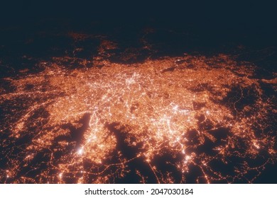 Sao Paolo Aerial View At Night. Top View On Modern City With Street Lights. Satellite View With Glow Effect