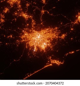 Sao Paolo City Lights Map, Top View From Space. Aerial View On Night Street Lights. Global Networking, Cyberspace. High Resolution