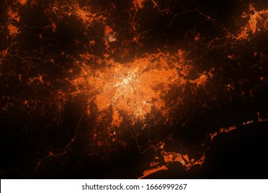 Sao Paolo Top View From Satellite At Night. Aerial View On Modern City. Urbanization Concept