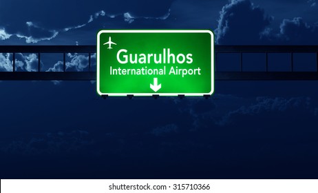 Sao Paulo Brazil Airport Highway Road Sign 3D Illustration At Night