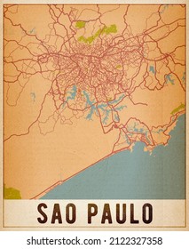 Sao Paulo, Brazil Vintage city map for print. Map for home decor Blank old paper textured background