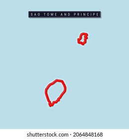 Sao Tome And Principe Bold Outline Map. Glossy Red Border With Soft Shadow. Country Name Plate. Illustration.