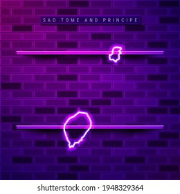 Sao Tome And Principe Map Glowing Neon Lamp Sign. Realistic Illustration. Country Name Plate. Purple Brick Wall, Violet Glow, Metal Holders.