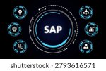 SAP and enterprise resource planning software concept. Digital HUD with logistics and management icons. Still graphic for corporate system integration and ERP.