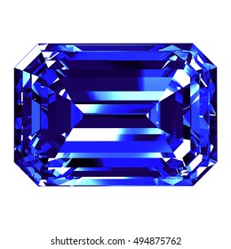 Sapphire Emerald Cut Over White Background. 3D Illustration.